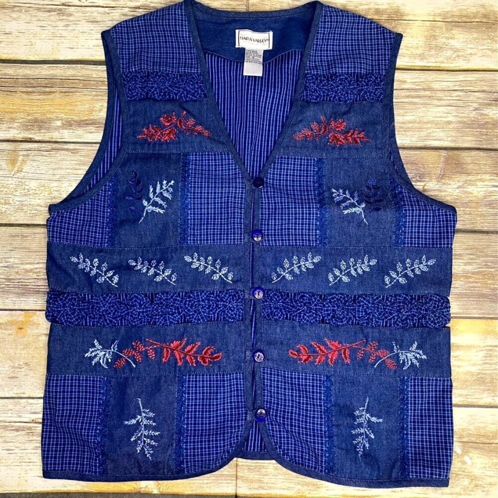 VINTAGE‎ Lagenlook Napa Valley Patchwork Embroidered Button-Up Denim Vest size M